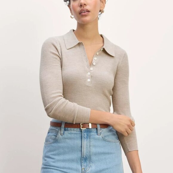 Everlane Sweaters - Everlane Women's Merino Wool Soft Pibbed Polo Sweater Long Sleeve Size XL Beige